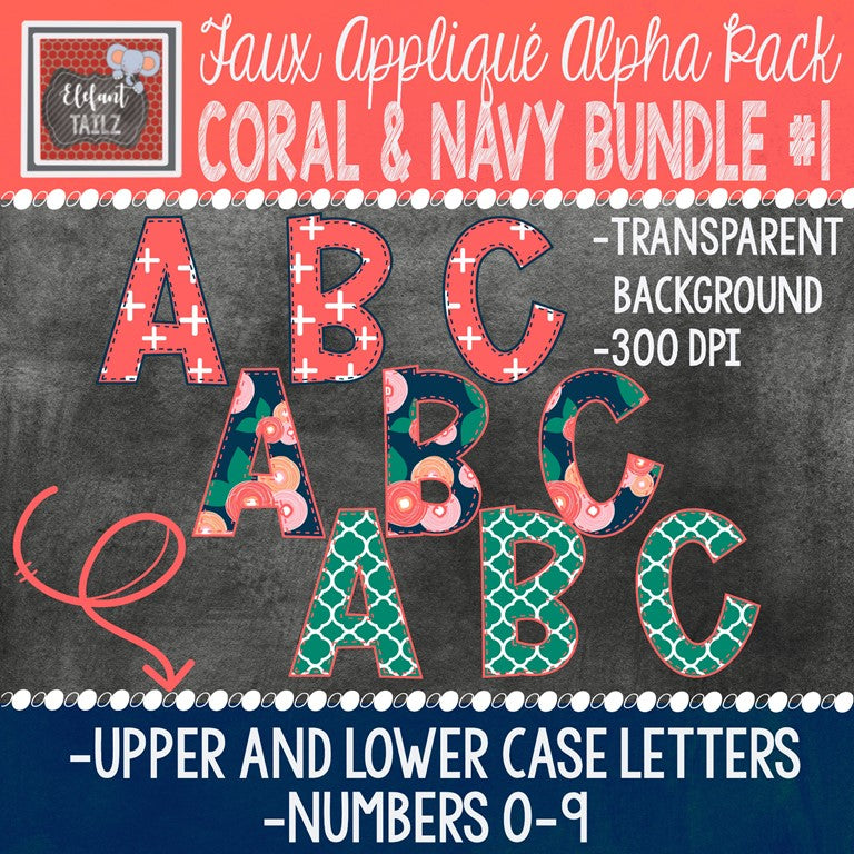Alpha & Number Pack - Coral & Navy BUNDLE #1