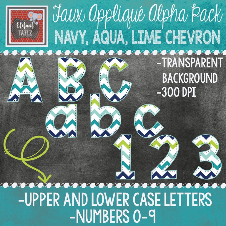 Alpha & Number Pack - Faux Applique - Navy Aqua Lime Chevron