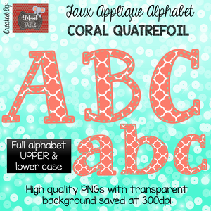 Alpha Pack - Faux Applique - Coral & Mint Quatrefoil