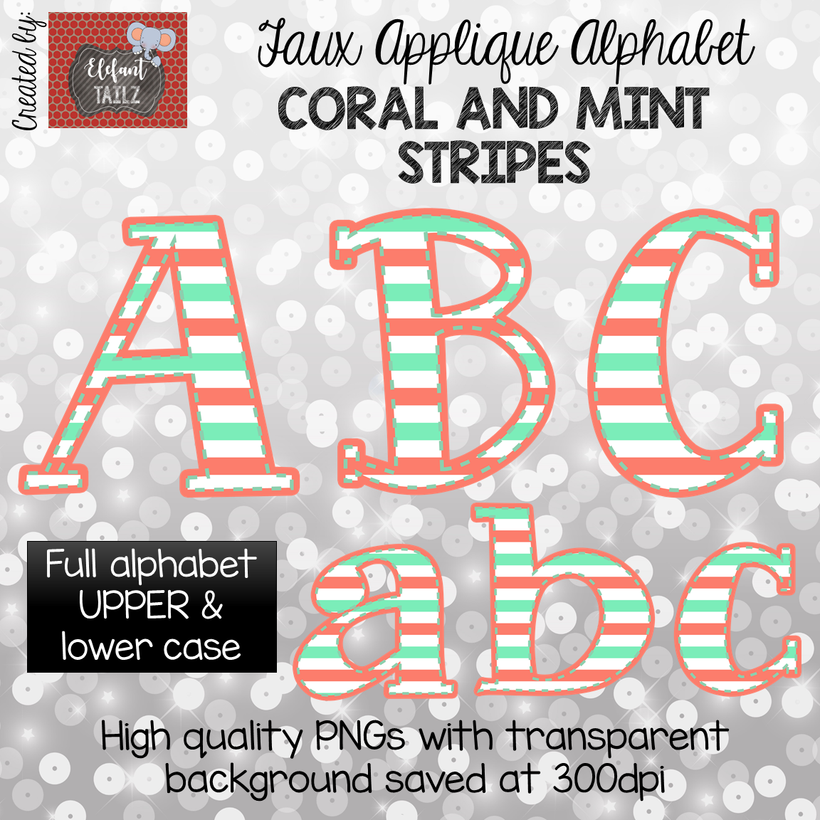 Alpha Pack - Faux Applique - Coral & Mint Stripes