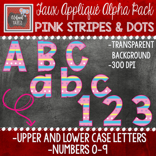 Alpha & Number Pack - Faux Applique - Pink Stripes & Dots