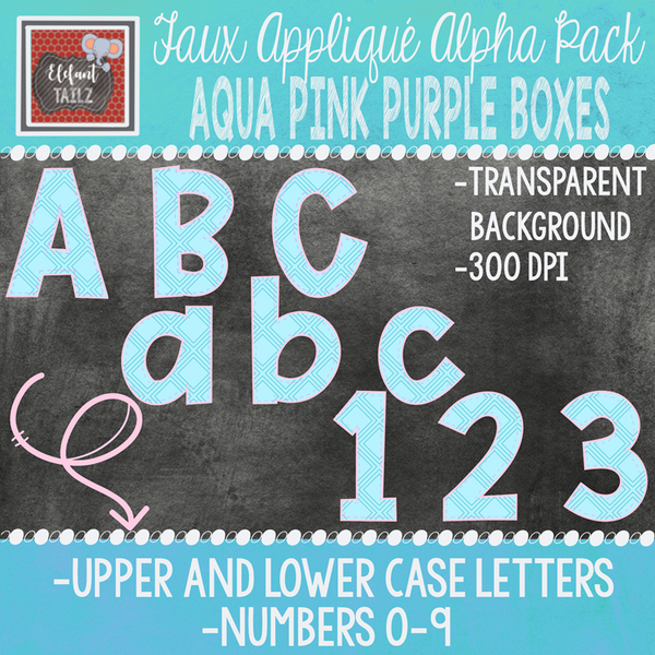 Alpha & Number Pack - Faux Applique - Aqua Pink Purple Boxes
