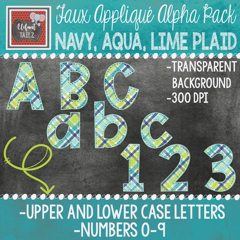 Alpha & Number Pack - Faux Applique - Navy Aqua Lime Plaid