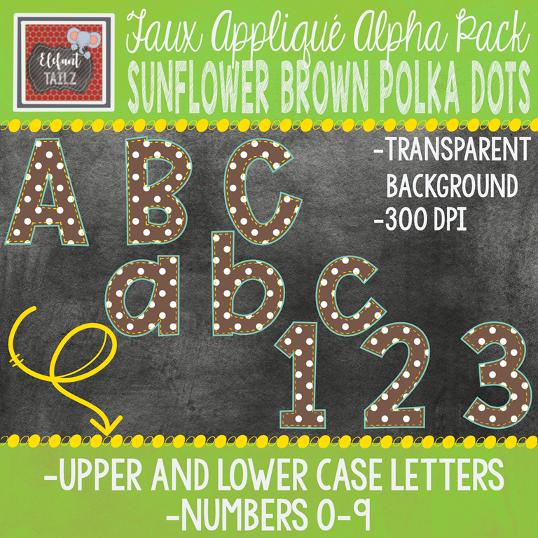Alpha & Number Pack - Faux Applique - Sunflower Brown Polka Dots