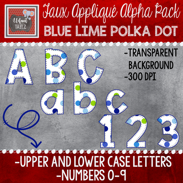 Alpha & Number Pack - Faux Applique - Blue Lime Polka Dot