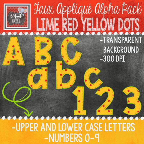 Alpha & Number Pack - Faux Applique - Lime Red Yellow Dots