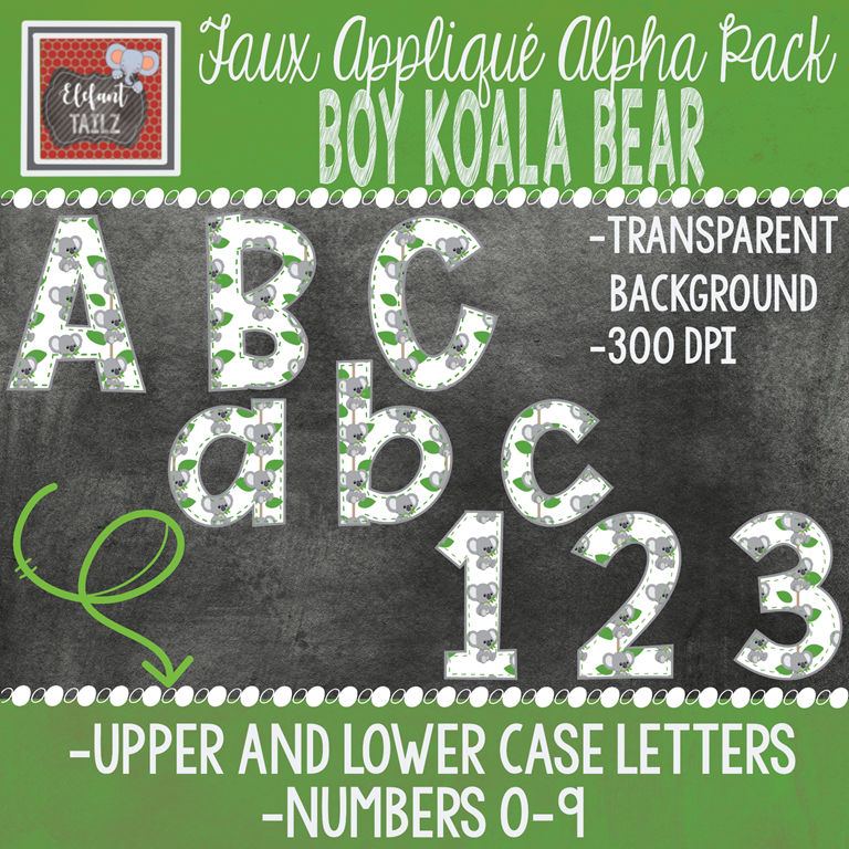 Alpha & Number Pack - Faux Applique - Boy Koala Bear