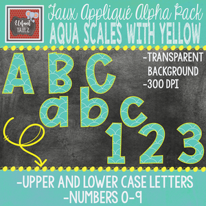 Alpha & Number Pack - Faux Applique - Aqua Scales & Yellow