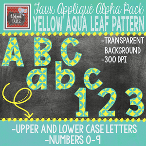 Alpha & Number Pack - Faux Applique - Yellow Aqua Leaf Pattern