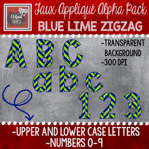Alpha & Number Pack - Faux Applique - Blue Lime ZigZag