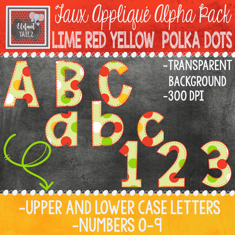 Alpha & Number Pack - Faux Applique - Lime Red Yellow Polka Dot