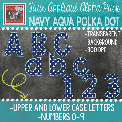 Alpha & Number Pack - Faux Applique - Navy Aqua Polka Dots