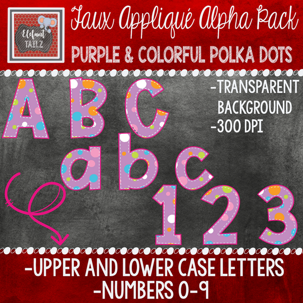 Alpha & Number Pack - Faux Applique - Purple & Colorful Polka Dots