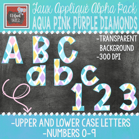 Alpha & Number Pack - Faux Applique - Aqua Pink Purple Diamonds