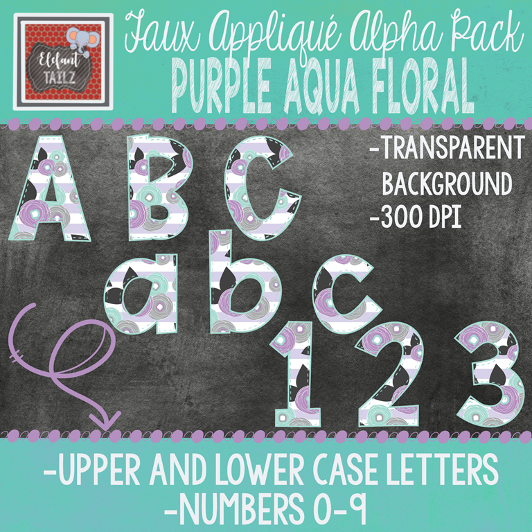 Alpha & Number Pack - Faux Applique - Purple Aqua Floral