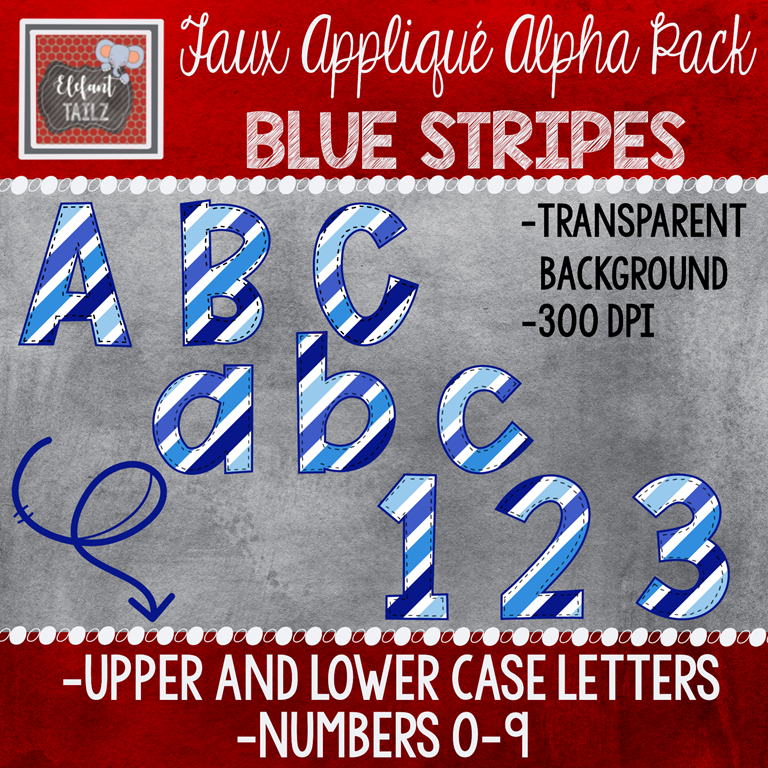 Alpha & Number Pack - Faux Applique - Blue Stripes