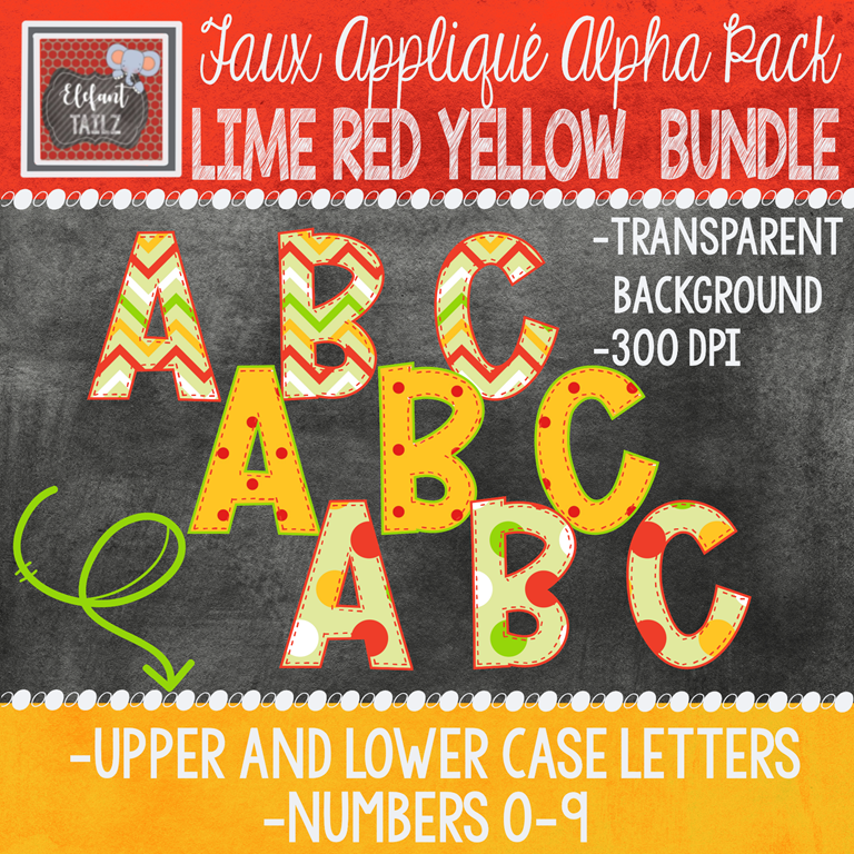 Alpha & Number Pack - Faux Applique - Lime Red Yellow Bundle