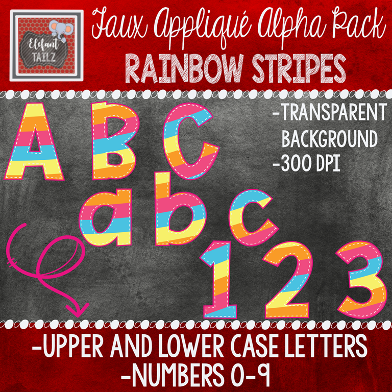 Alpha & Number Pack - Faux Applique - Rainbow Stripes