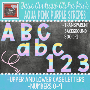 Alpha & Number Pack - Faux Applique - Aqua Pink Purple Stripes