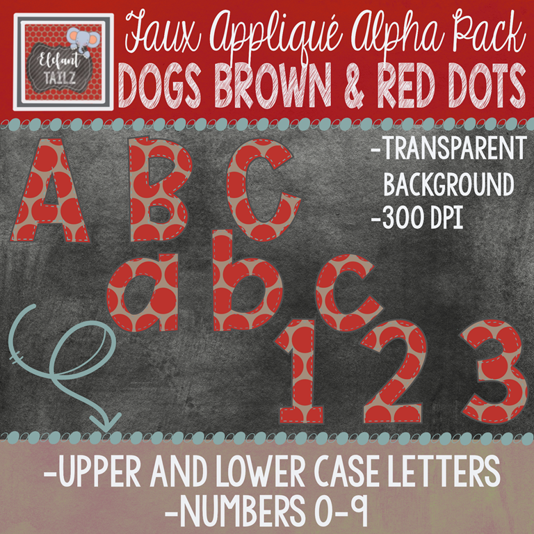 Alpha & Number Pack - Faux Applique - Dogs Brown & Red Dots