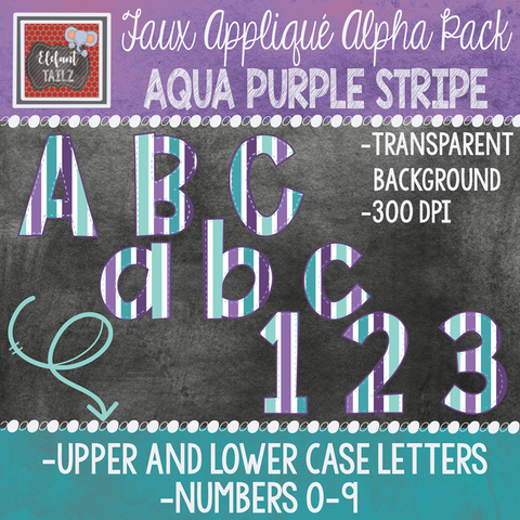 Alpha & Number Pack - Faux Applique - Aqua Purple Stripe