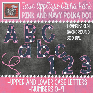 Alpha & Number Pack - Faux Applique - Pink & Navy Polka Dots