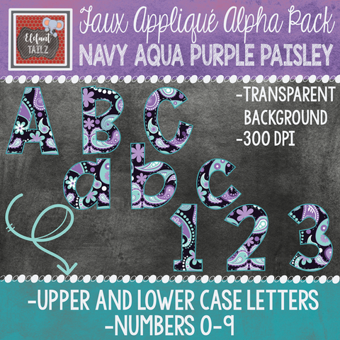 Alpha & Number Pack - Faux Applique - Navy Aqua Purple Paisley