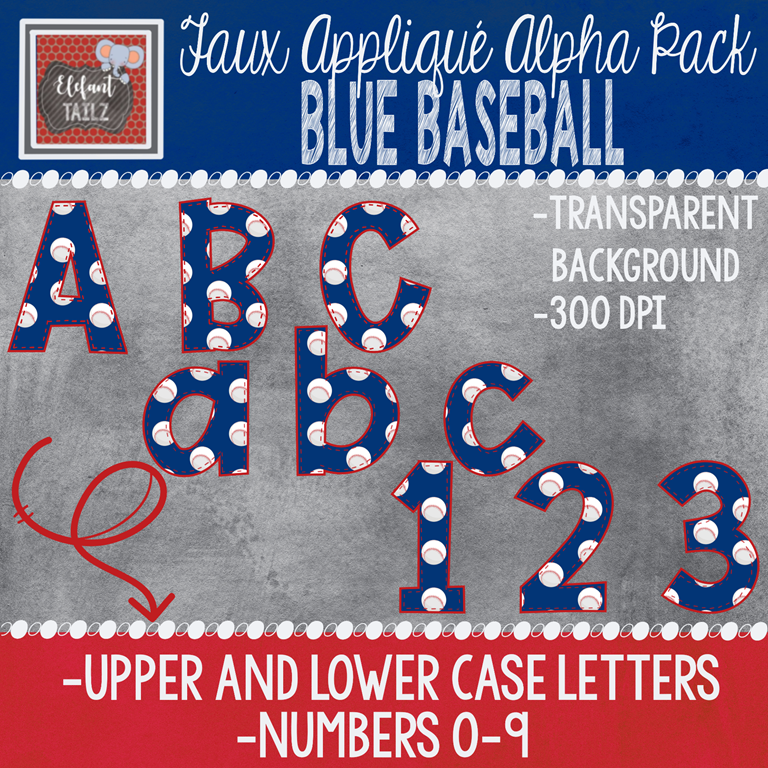 Alpha & Number Pack - Faux Applique - Blue Baseball