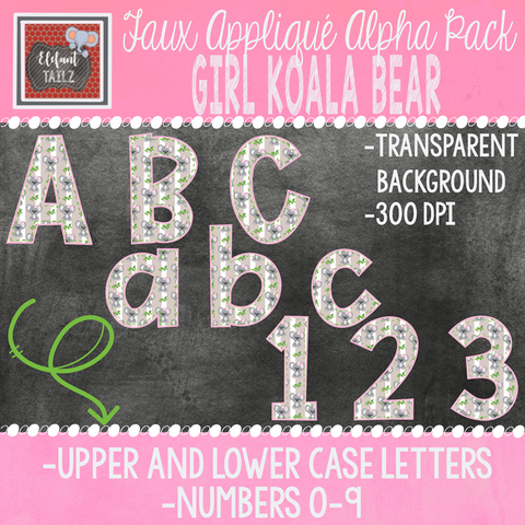 Alpha & Number Pack - Faux Applique - Girl Koala Bear