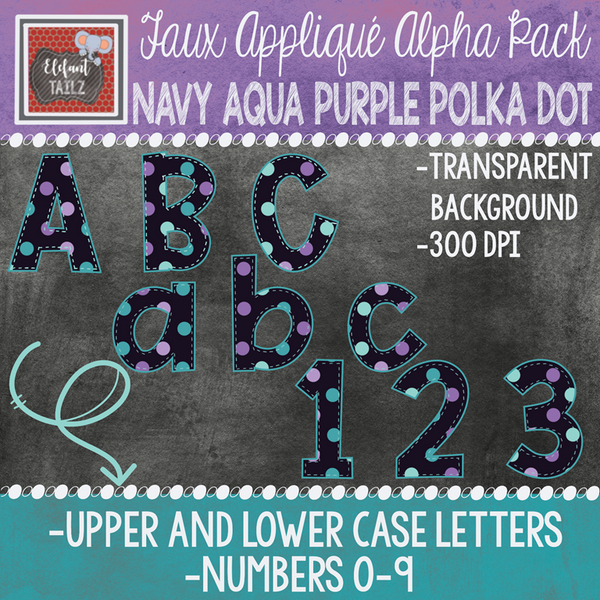 Alpha & Number Pack - Faux Applique - Navy Aqua Purple Polka Dot