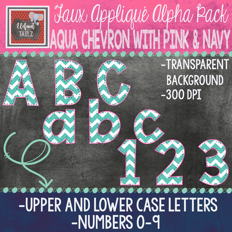 Alpha & Number Pack - Faux Applique - Aqua Chevron with Pink & Navy