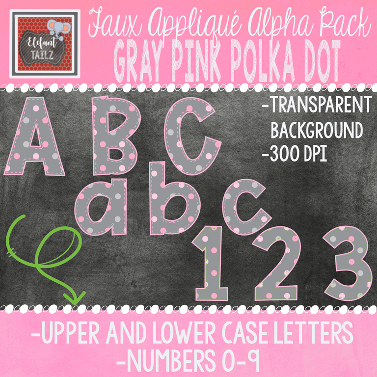 Alpha & Number Pack - Faux Applique - Gray Pink Polka Dot