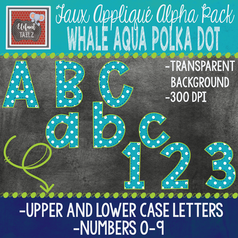 Alpha & Number Pack - Faux Applique - Whale Aqua Dot