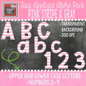 Alpha & Number Pack - Faux Applique - Pink Stripe & Gray