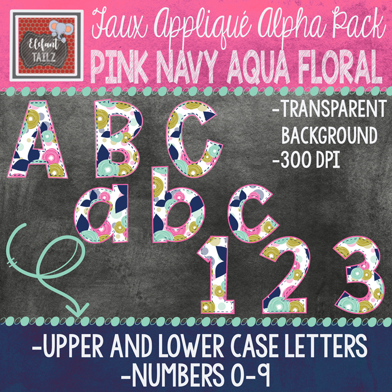 Alpha & Number Pack - Faux Applique - Pink Navy Aqua Floral
