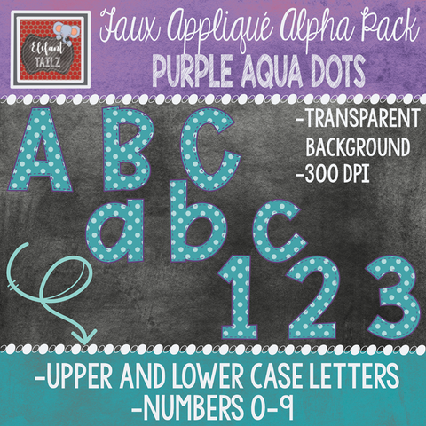 Alpha & Number Pack - Faux Applique - Purple Aqua Dots