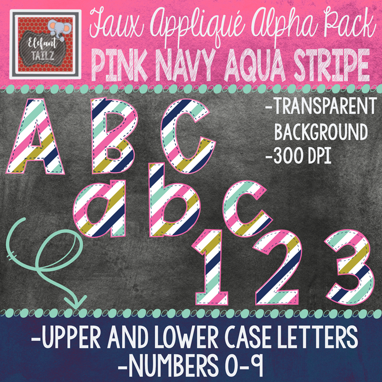 Alpha & Number Pack - Faux Applique - Pink Navy Aqua Stripe