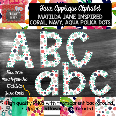 Alpha Pack - Faux Applique - White with Coral, Navy, Aqua Polka Dots