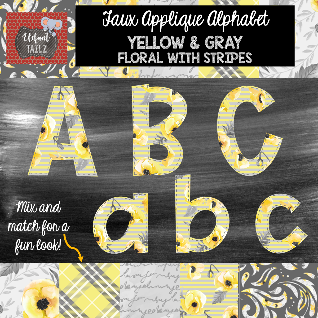 Alpha & Number Pack - Faux Applique - Gray & Yellow Floral Stripes
