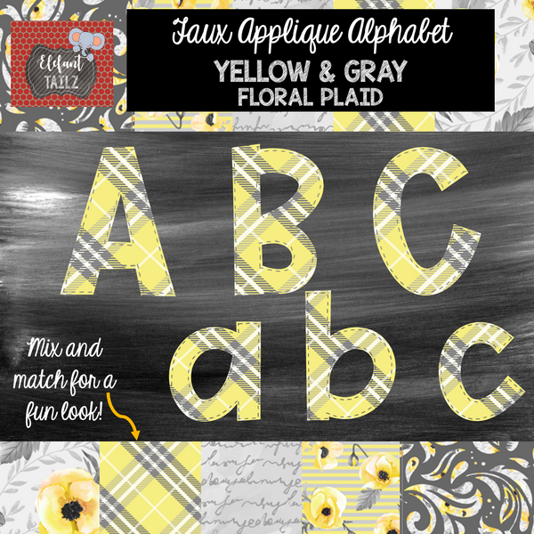 Alpha & Number Pack - Faux Applique - Gray & Yellow Plaid